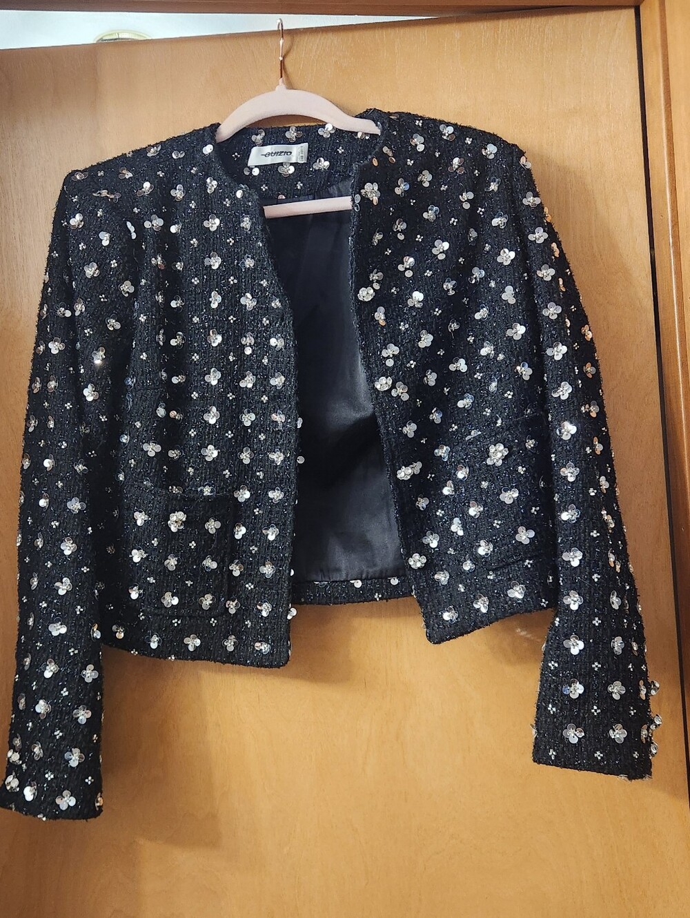 Danuielle Guizio Black Tweed Sequin-Embellished Blazer Size Small